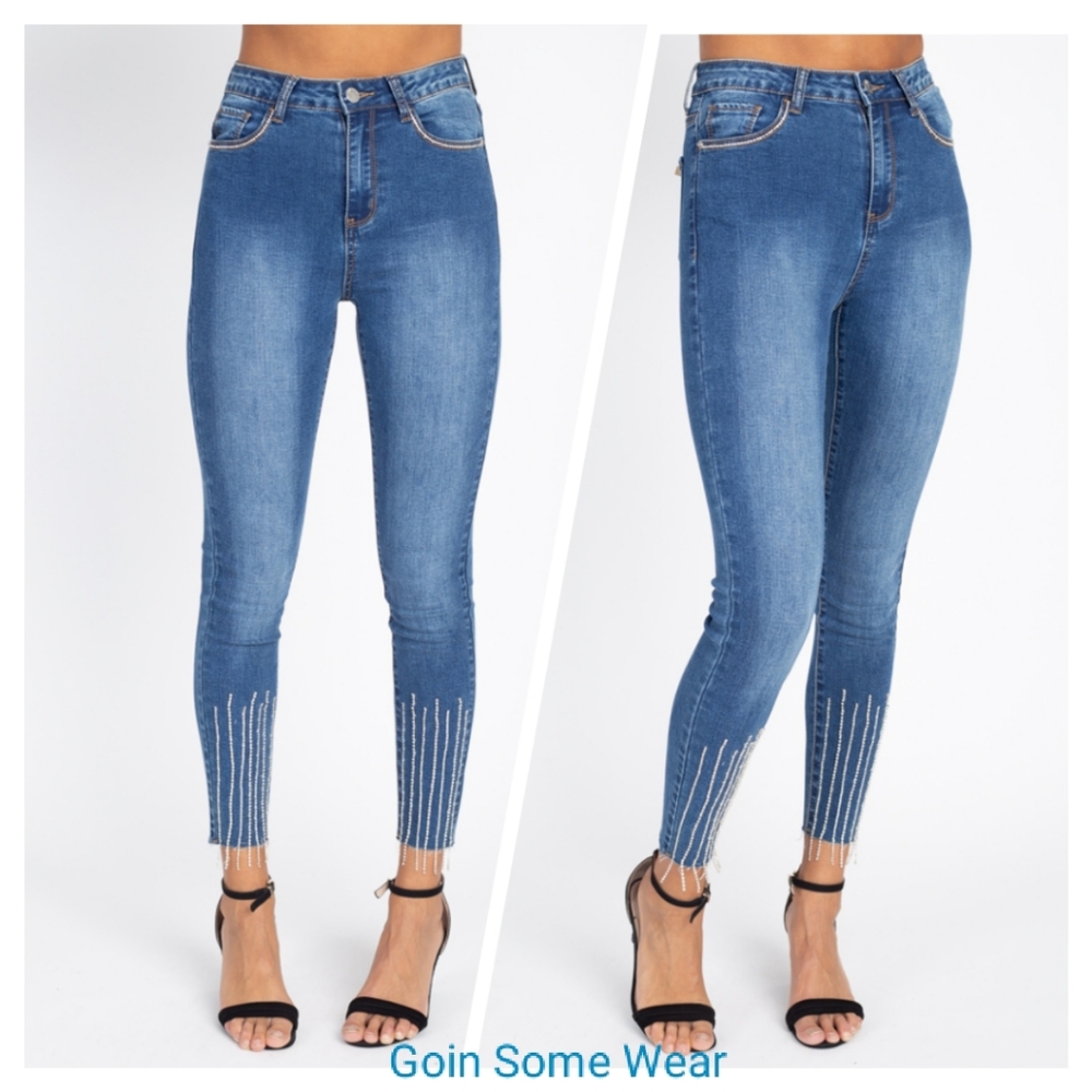 GSW Blue High Rise Raw Cut Hem Rhinestone Fringe Accent Skinny Medium Wash Jeans